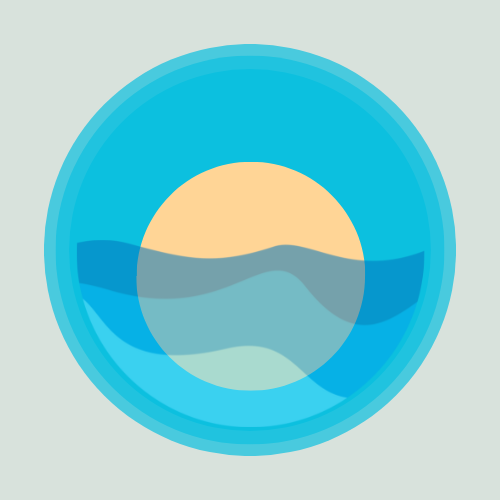 Logo of the website creator. Depicts a setting sun over transluscent ocean waves inside of a sphere.